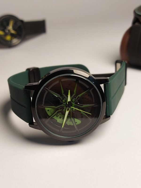 Modern Round Dial Watch with Car Wheel Pattern Face, Silicone Strap, Available in Brown, Blue, Green Colours - Image 3