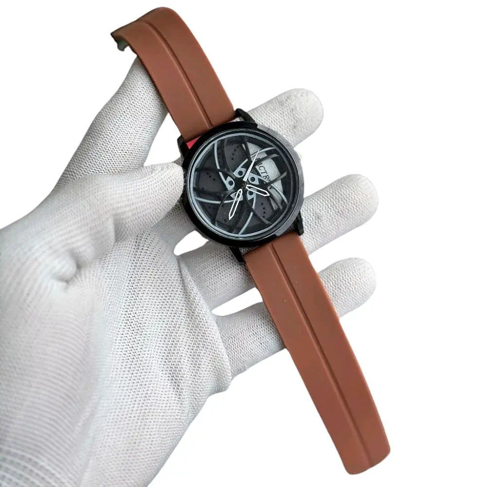 Modern Round Dial Watch with Car Wheel Pattern Face, Silicone Strap, Available in Brown, Blue, Green Colours