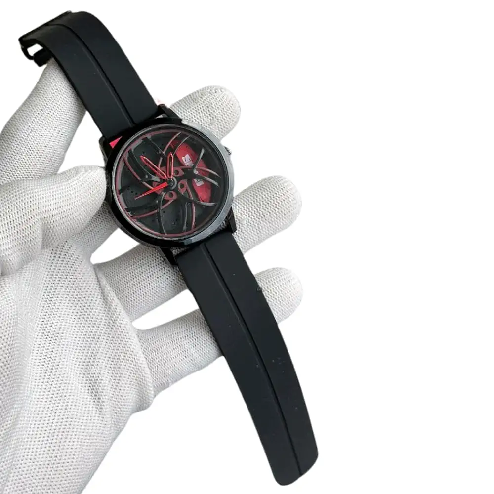Modern Round Dial Watch with Car Wheel Pattern Face, Silicone Strap, Available in Brown, Blue, Green Colours - Image 5
