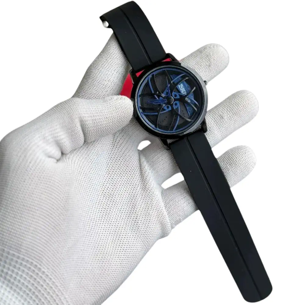 Modern Round Dial Watch with Car Wheel Pattern Face, Silicone Strap, Available in Brown, Blue, Green Colours - Image 6