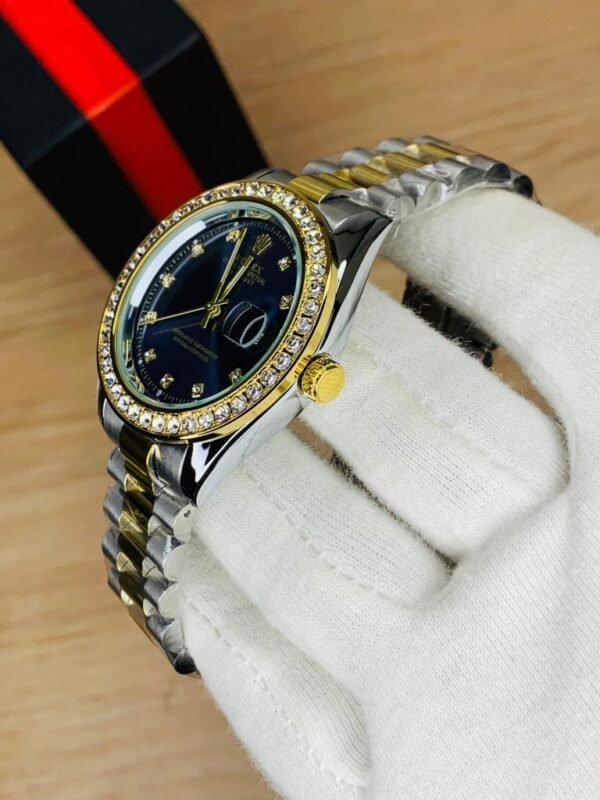 Rolex Day-Date Oyster Perpetual Luxury Watch – Blue Dial, Diamond Bezel, Two-Tone Bracelet - Image 2