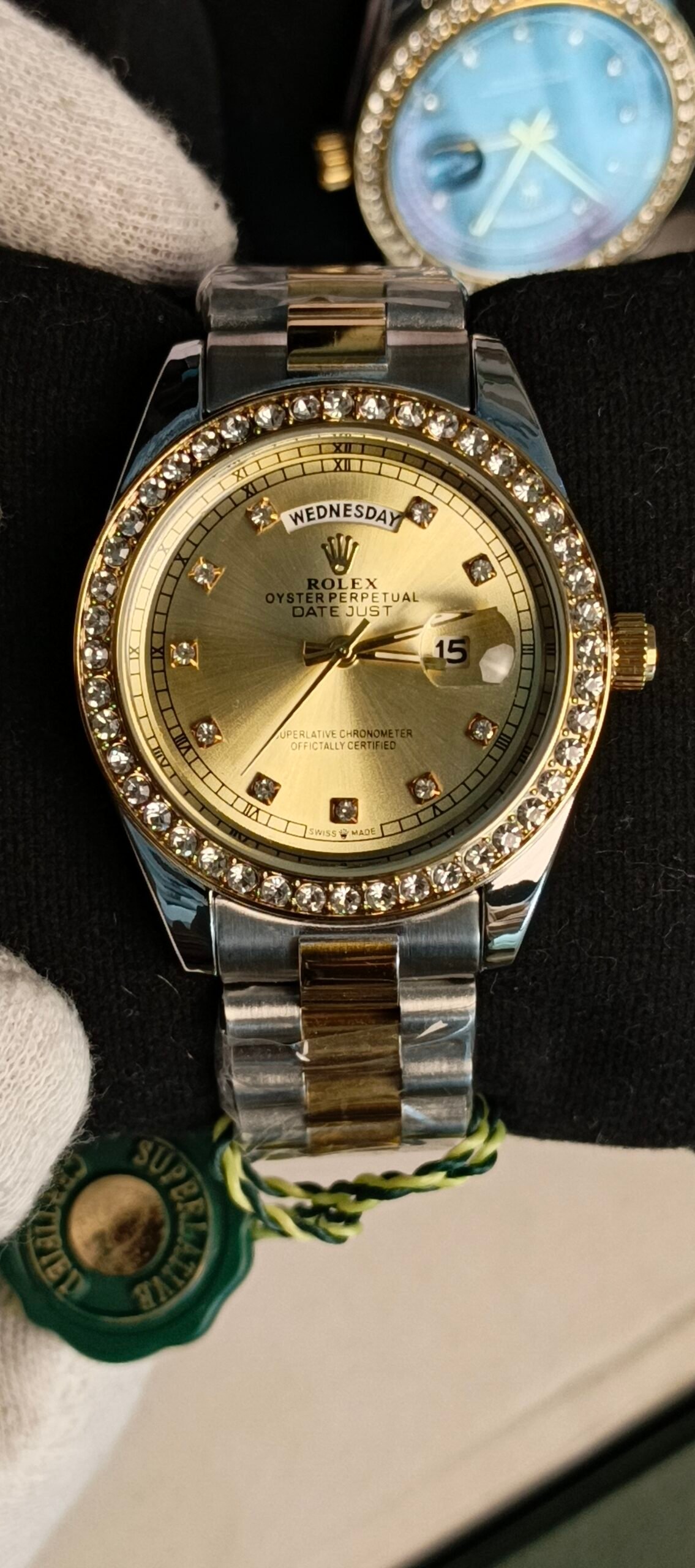 Rolex Oyster Perpetual Day-Date Diamond Bezel Two-Tone Watch (Replica) - Image 3