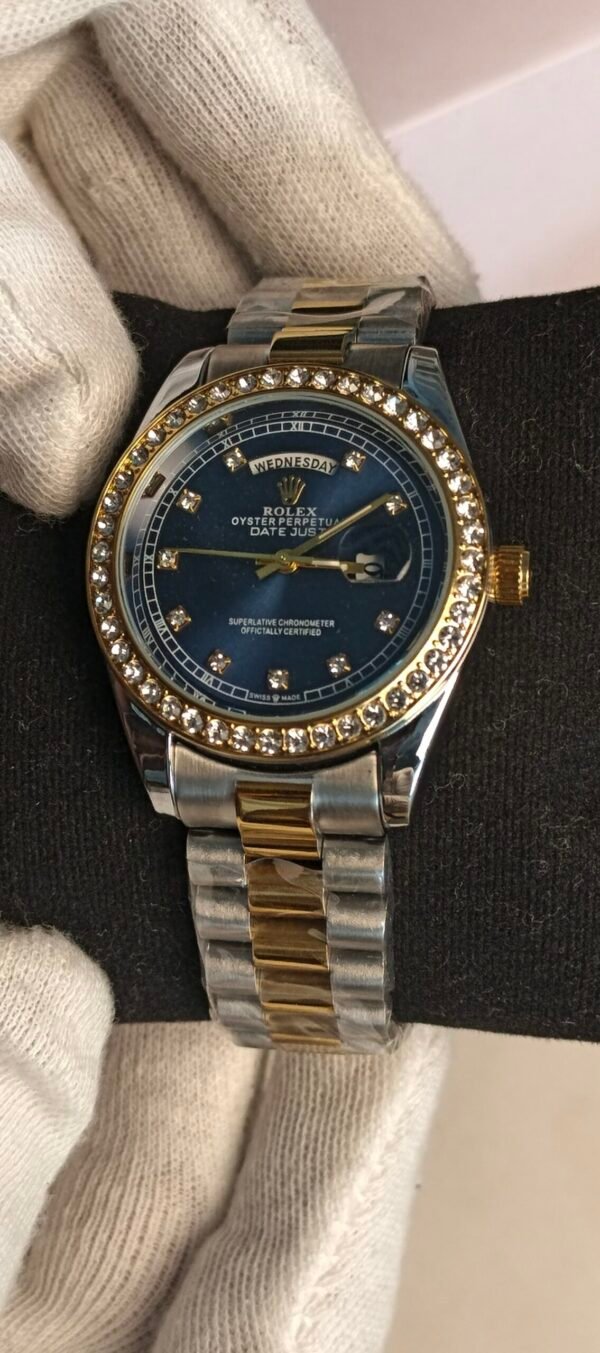Rolex Day-Date Oyster Perpetual Luxury Watch – Blue Dial, Diamond Bezel, Two-Tone Bracelet - Image 3