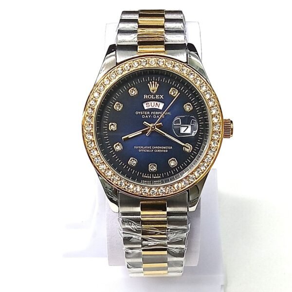 Rolex Day-Date Oyster Perpetual Luxury Watch – Blue Dial, Diamond Bezel, Two-Tone Bracelet