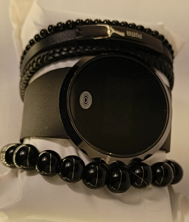 Luxury Black Smartwatch Combo Set with Beaded & Leather Bracelets – Stylish Men’s Gift Pack - Image 4