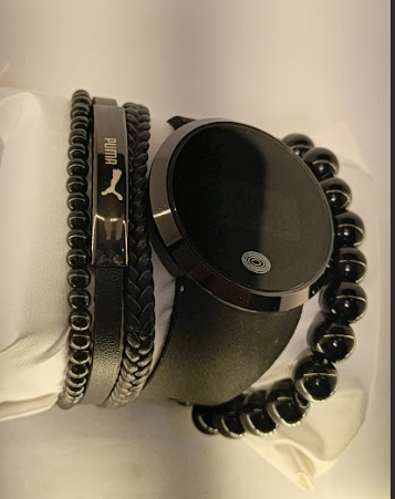Luxury Black Smartwatch Combo Set with Beaded & Leather Bracelets – Stylish Men’s Gift Pack - Image 3
