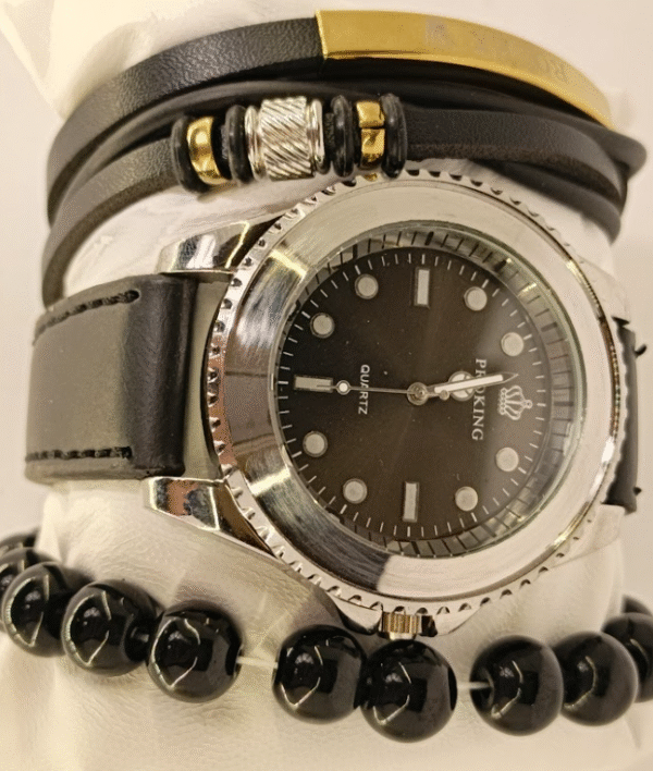 Luxury Proking Quartz Wrist Watch with Bracelet & Bead Set – Men’s Fashion Gift Combo - Image 2