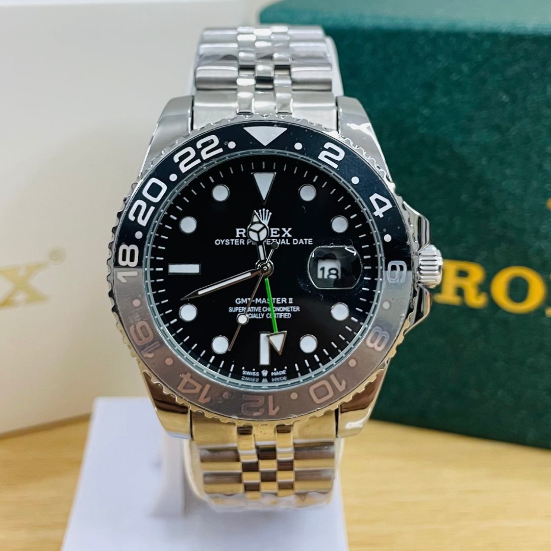 Rolex GMT-Master II Style Men's Luxury Automatic Watch – Dual Time Zone Bezel, Stainless Steel Bracelet