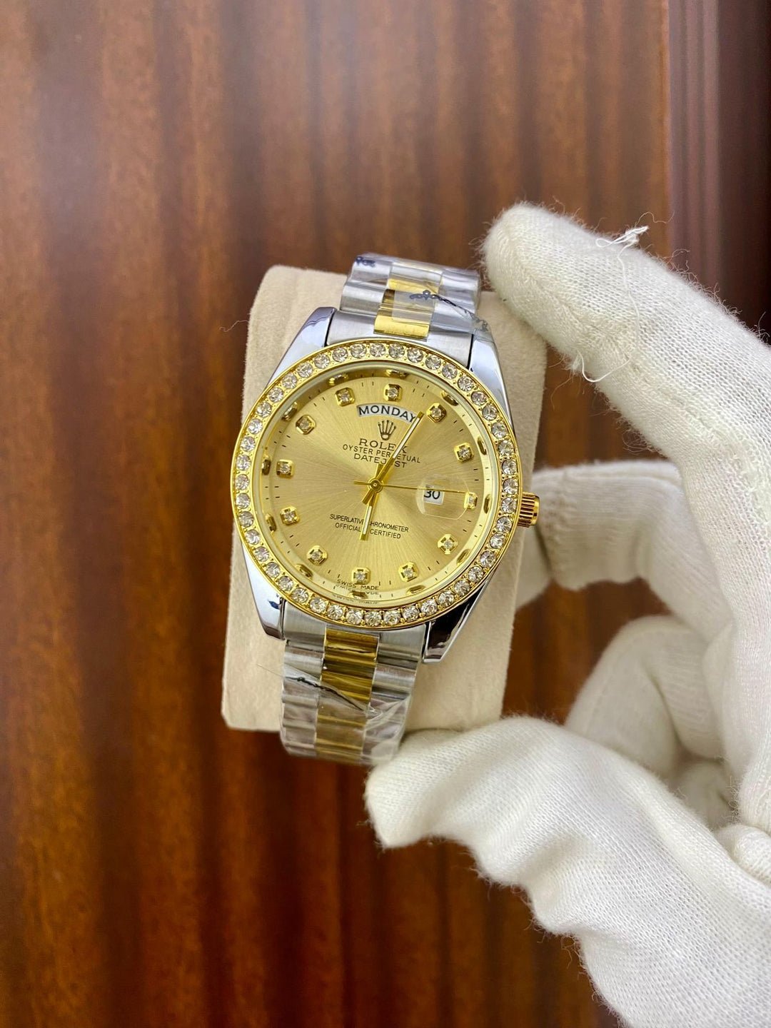 Rolex Oyster Perpetual Day-Date Diamond Bezel Two-Tone Watch (Replica) - Image 2