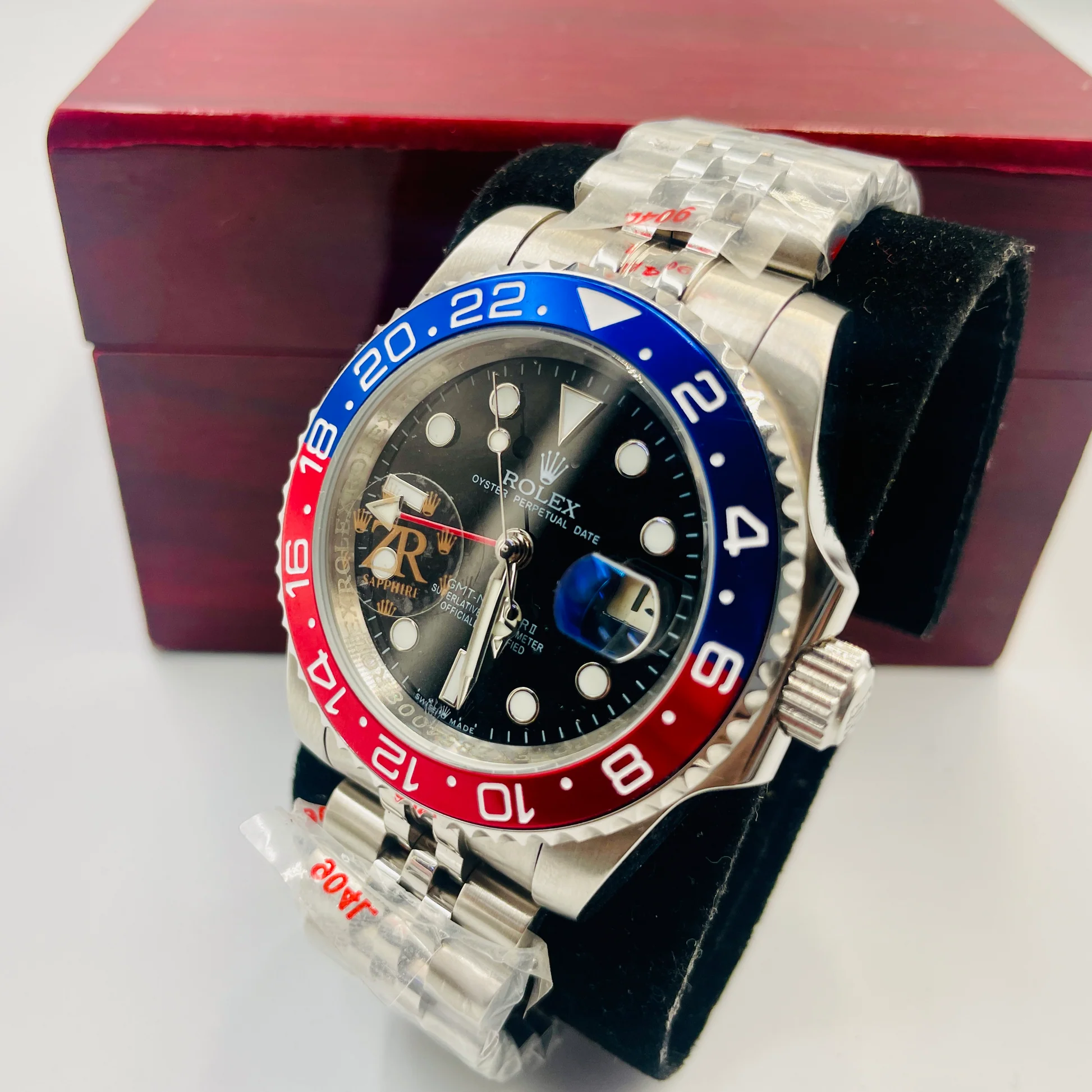 Rolex Stylish Mechanical Skeleton Watch with Red and Blue Bezel
